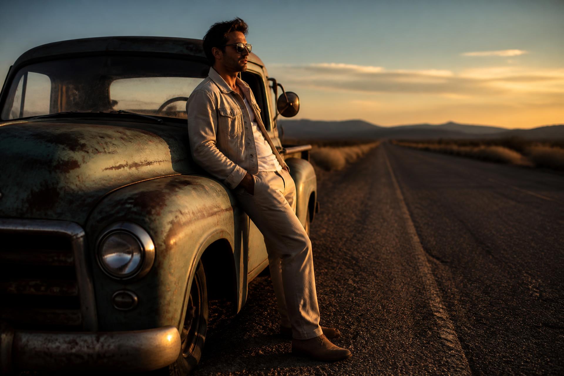 Man leaning against a vintage truck on a desert highway at dusk — MUTE AI