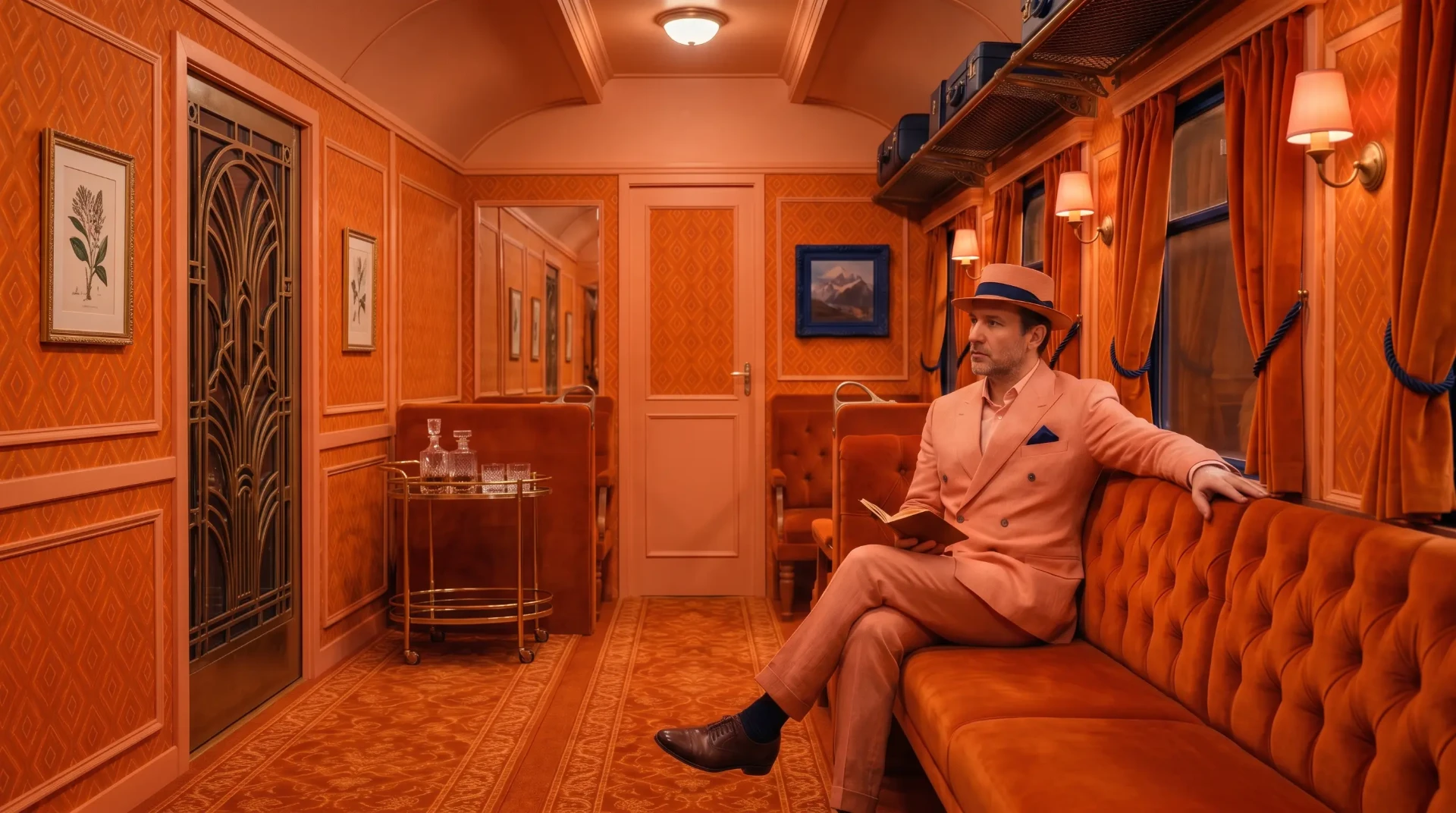 Man in a tailored suit reading inside an art-deco train carriage — MUTE AI